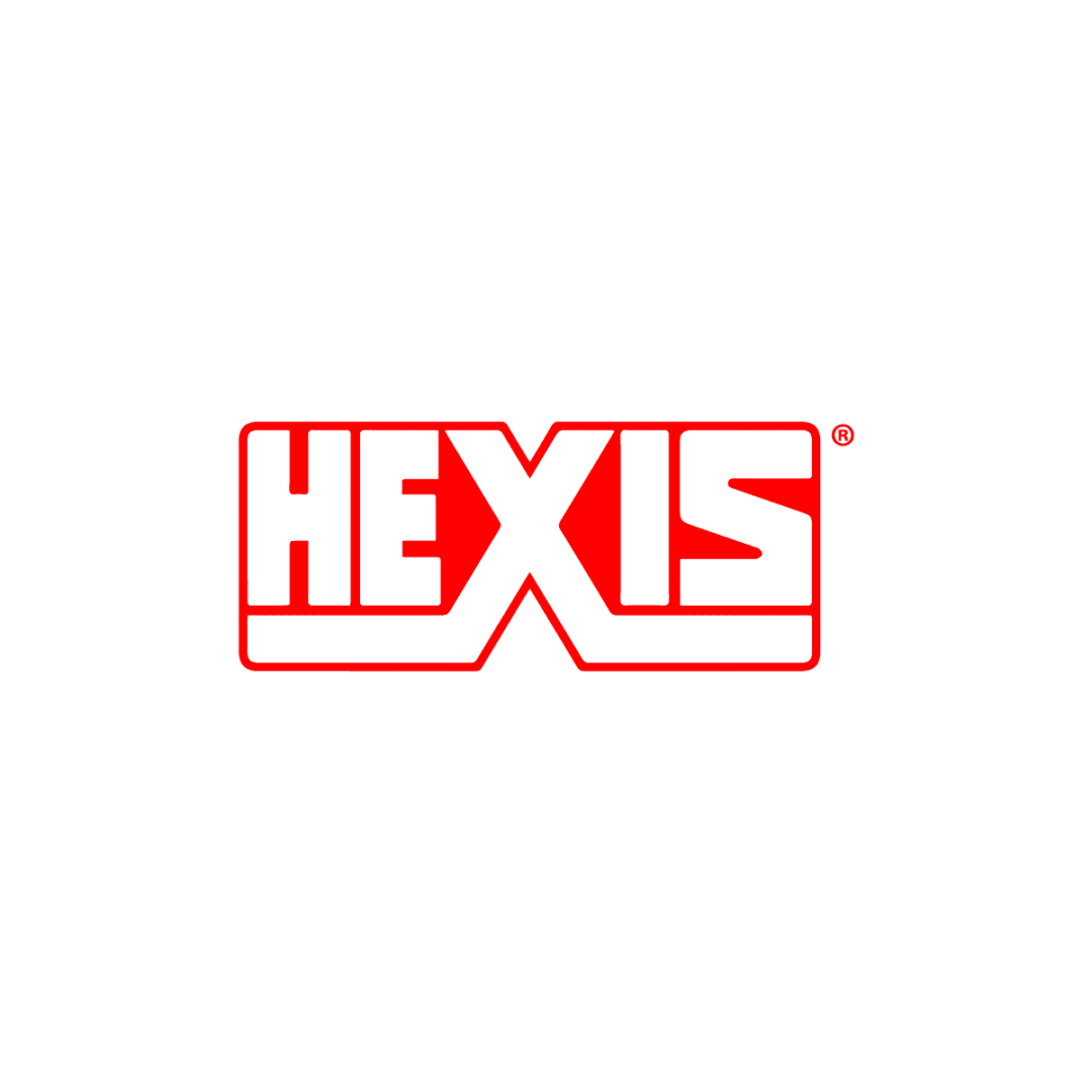 A red and white logo of hexis