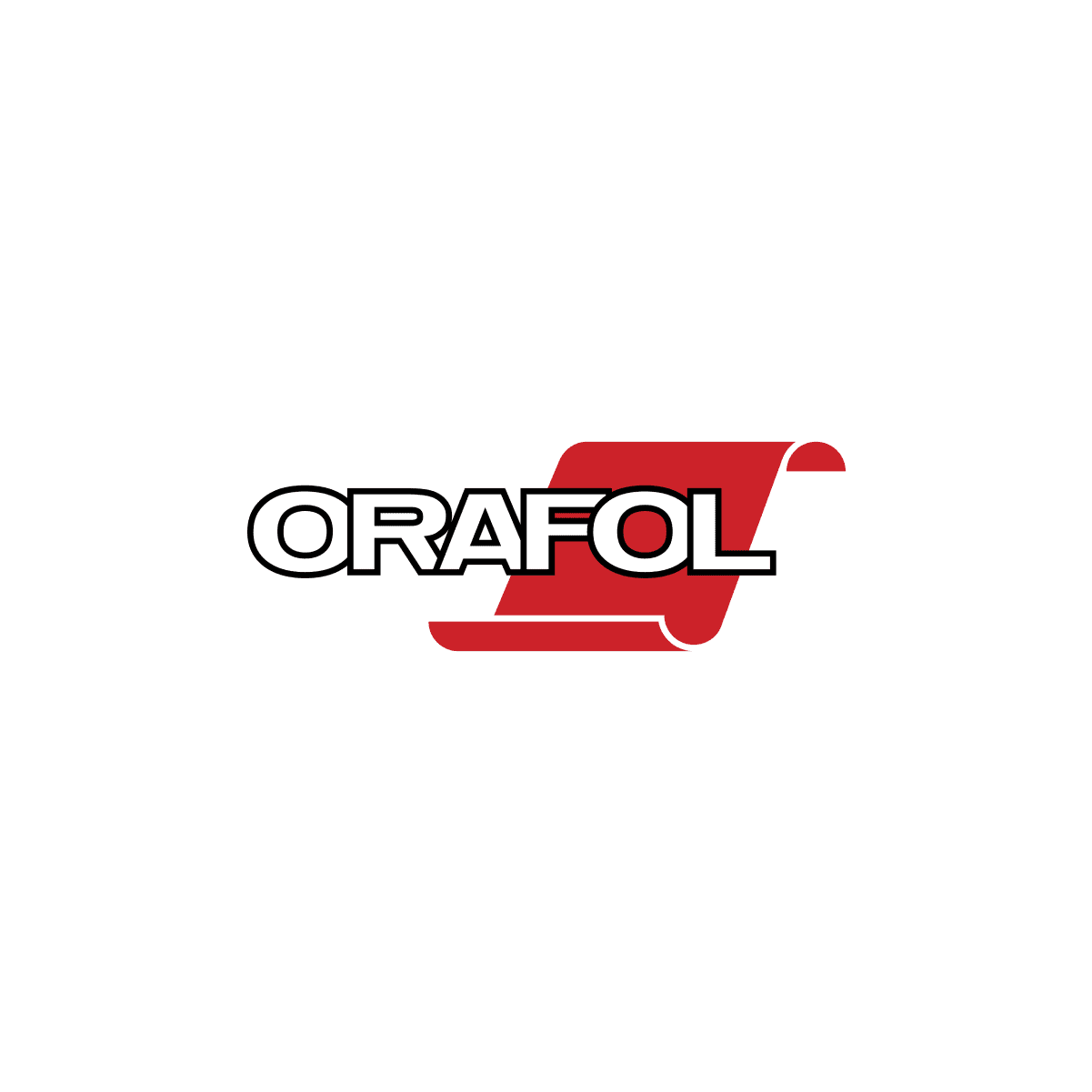 A red and white logo of orafol