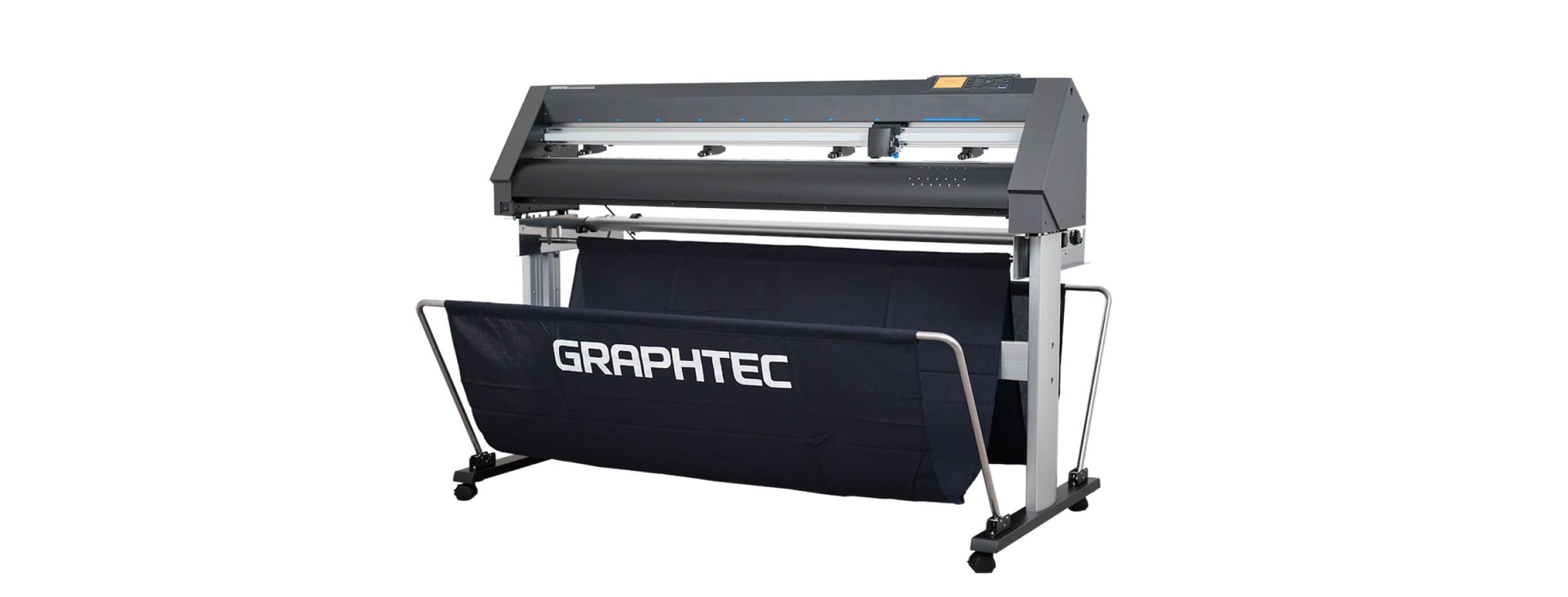 A large graphtec cutting machine with a black cover.